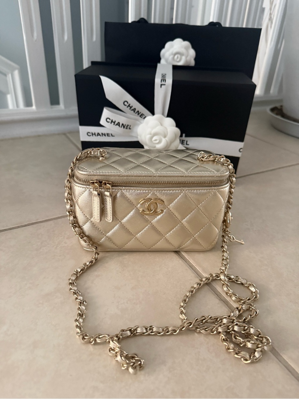 Chanel Quilted Metallic Gold Crossbody Vanity Case from  26/27 cruise collection